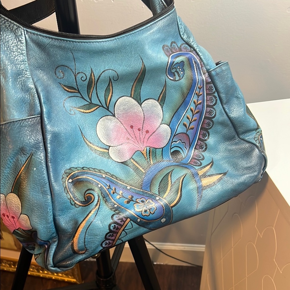 Floral Blue Leather Handbag